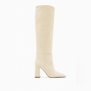 NWT Zara Leather Over-the-Knee Block Heel Boots Cream